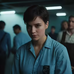 a person in a room with other people standing around