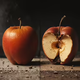 two images of the same apple being sliced into halves