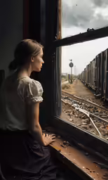 a young woman looks out of an abandoned train window