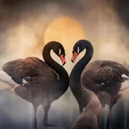 two black swans with orange beaks standing in a foggy field