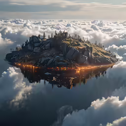 an island in the middle of the sky surrounded by clouds