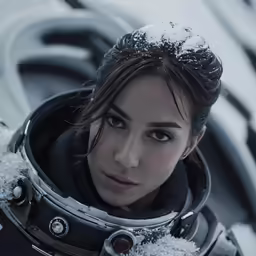 a woman in a spacesuit looking into the camera