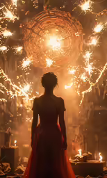 a woman stands in front of fireworks while watching them burn