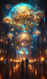 a man and woman are walking away from the lights of a huge structure