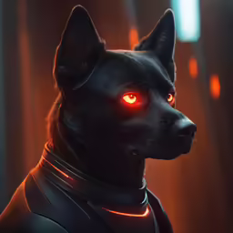 an evil looking dog with glowing eyes