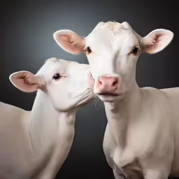 two white cows with their noses touching each other