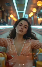 a beautiful young woman sitting in front of a counter