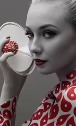 a woman holding a round red ball in front of her face