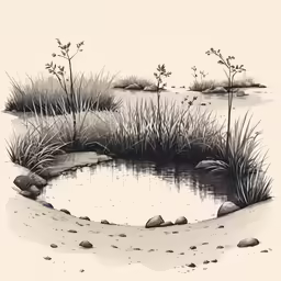 a small pond with plants and rocks on it