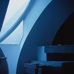 the inside of a room that is mostly blue