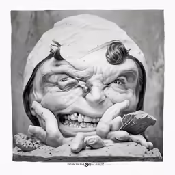 a troll with big eyes and long hair with hands in front of it
