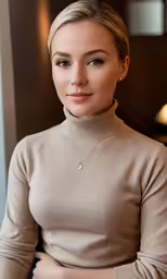 a beautiful young woman in beige sweater sitting and looking into the camera
