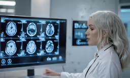 a beautiful blond woman sitting in front of a computer screen
