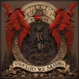 an ornate image featuring two red birds,two red crows sitting on a crest that says gate of seven seasons