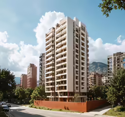 a very tall white building sitting next to a road