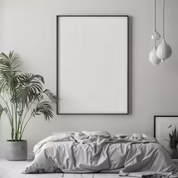 a bed is shown with two plant pots in front of it