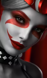 the woman is wearing white and red makeup and head covering