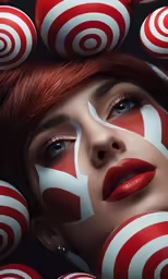 a woman is surrounded by makeup on her face