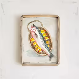 a painting of a fish in a box,a painting of fish is placed inside a frame