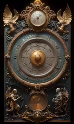 a clock with many angels around the clock face