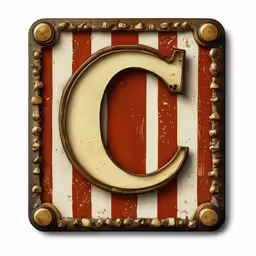 a white and red plaque with the letter c in gold