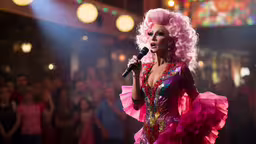 a very sexy lady with long pink hair and her face is dressed up,a woman with a microphone on stage in front of people