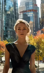 the woman is posing on the street with city in background