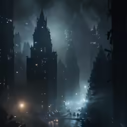 a nighttime view of city buildings on a foggy day