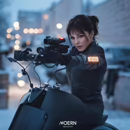 a woman in black sitting on a motorcycle