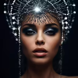 a woman with makeup and pearls on her head
