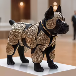 a dog statue is standing on a white display