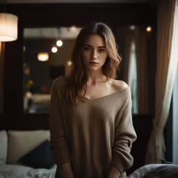 the young woman is standing near the bed