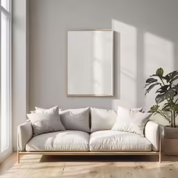 a minimal white living room with a low wooden sofa and a large window