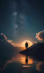 the silhouette of a man standing near a body of water