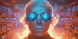 a man in gas masks and goggles in front of flames