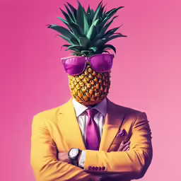 a pineapple in sunglasses and a yellow suit