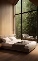 a bedroom with large windows is shown