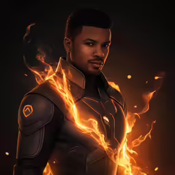 a man in a black suit with fire coming out of his chest