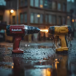 two electrical drillers with a small, wet street next to it