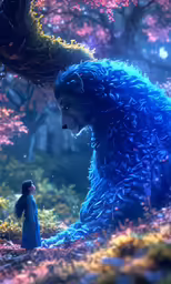 a woman walks past a large blue animal