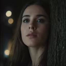 a close up shot of a woman leaning against a tree