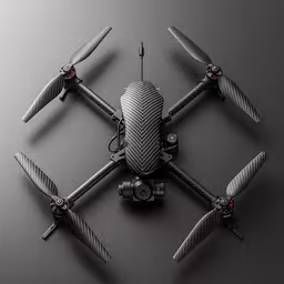 a close up view of a large, grey model of a flying device,the propellers on the frame of a model aircraft