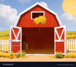 a large barn with two doors and a few windows,a painting with flowers in the front and a white fence