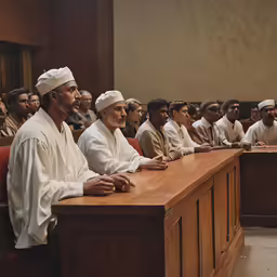 a group of men sitting at desks with papers in their hands