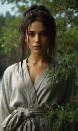 a woman with an elegant hairdo in a robe is standing under trees