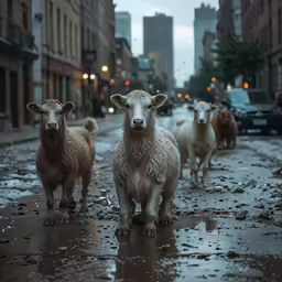 four sheep are walking across the wet sidewalk in the city