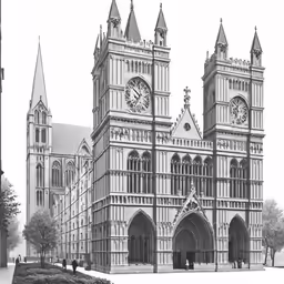 a drawing of a cathedral and clock tower