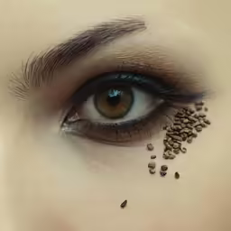 the eye has various things in it and is being held over by the woman