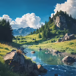 a painting of a landscape with rocks, grass and water