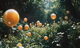 an assortment of balloons in a garden of plants